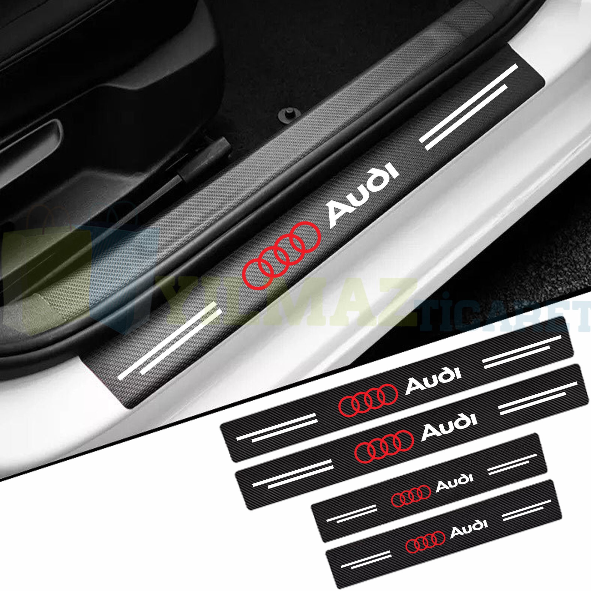 Audi Logo Karbon Kapı Eşiği Oto Sticker Etiket Yapıştırma Araba Çıkartma 4 Parça