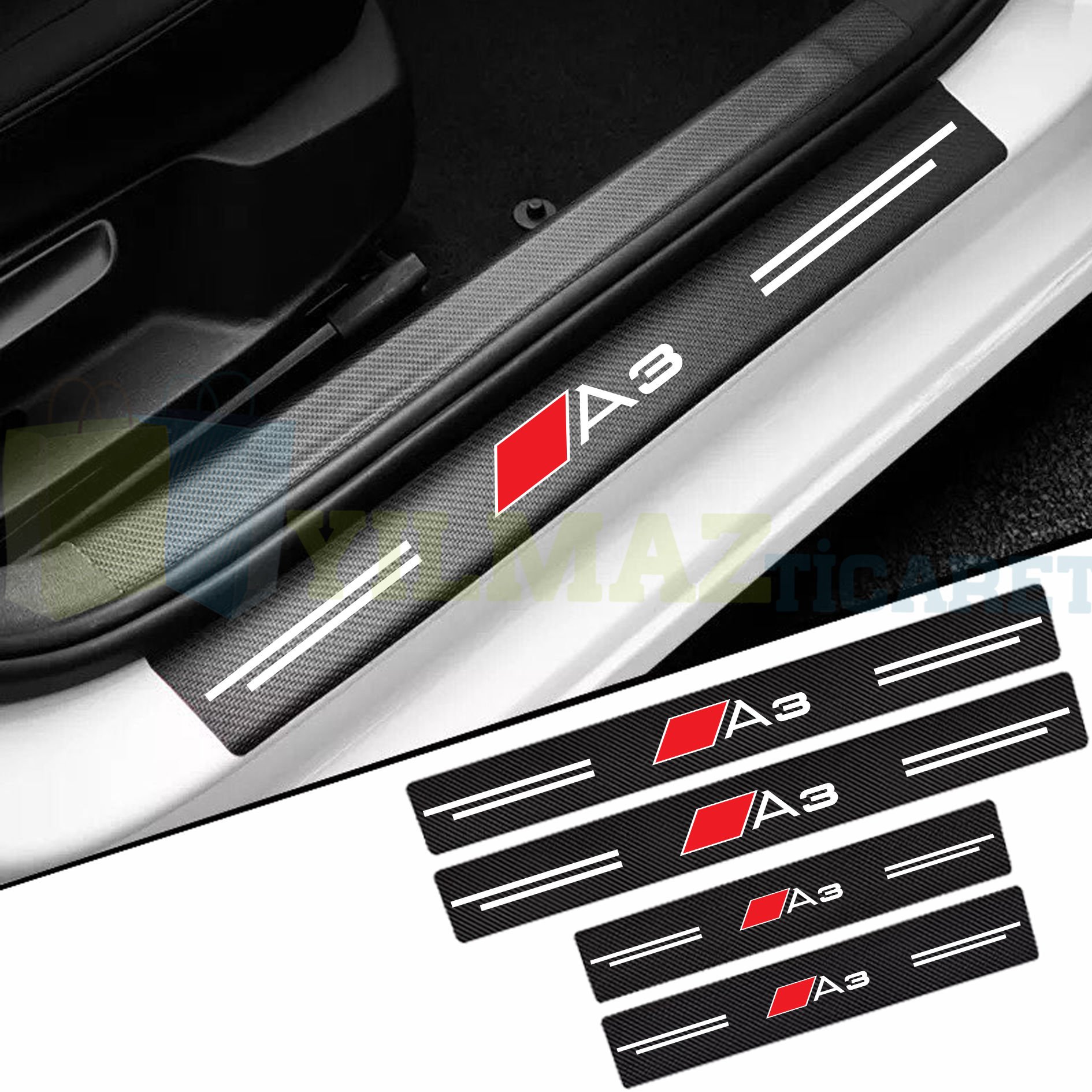 Audi A3 Logo Karbon Kapı Eşiği Oto Sticker Etiket Yapıştırma Araba Çıkartma 4 Parça