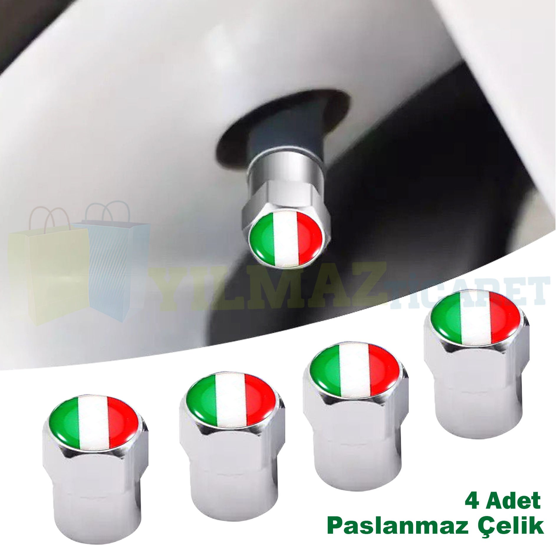 Alfa Romeo Fiat İtalya Bayrak Sibop Kapağı Paslanmaz Çelik 4'lü