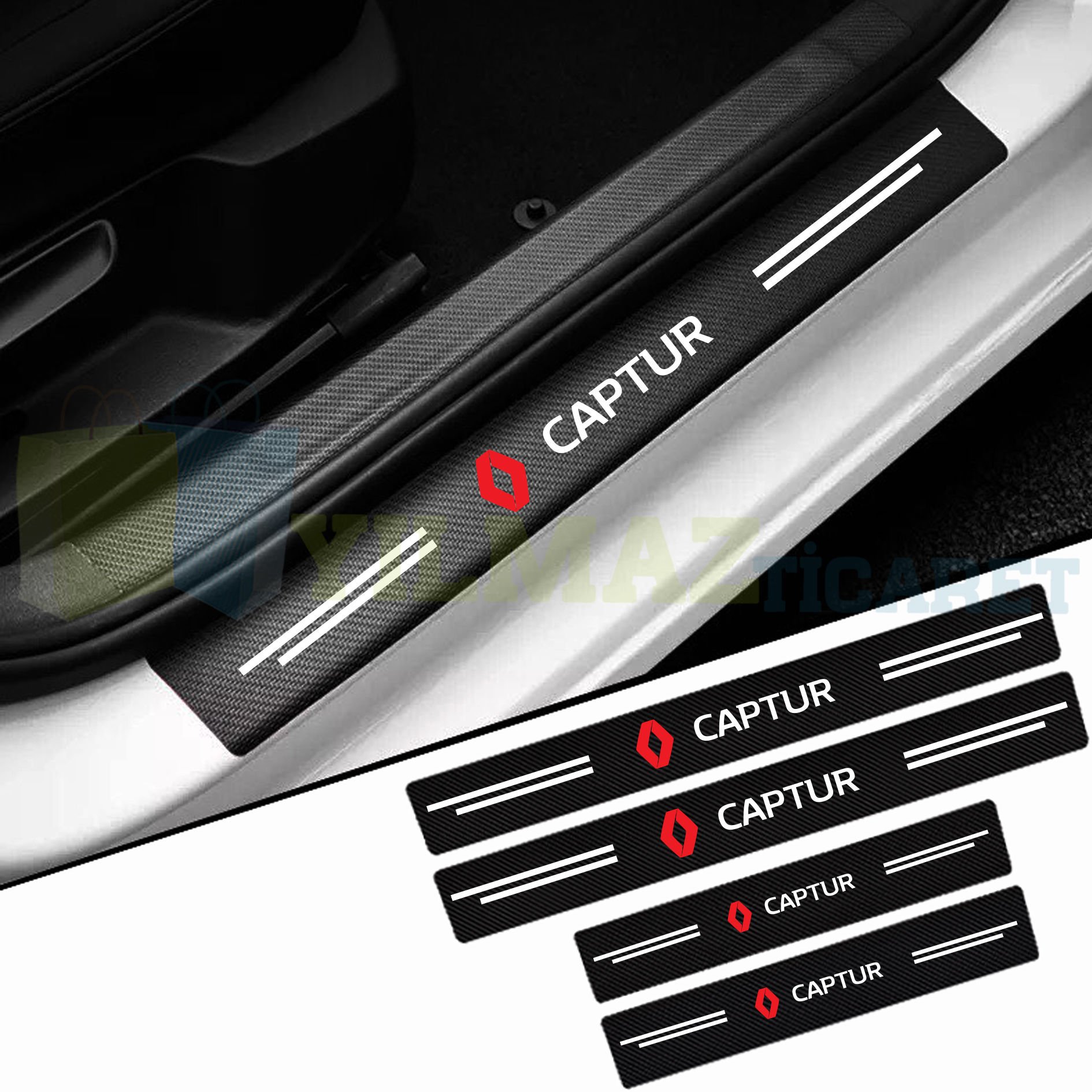 Renault Captur Logo Arma Karbon Kapı Eşiği Koruma Araba Etiket Oto Sticker Yapıştırma 4 Parça
