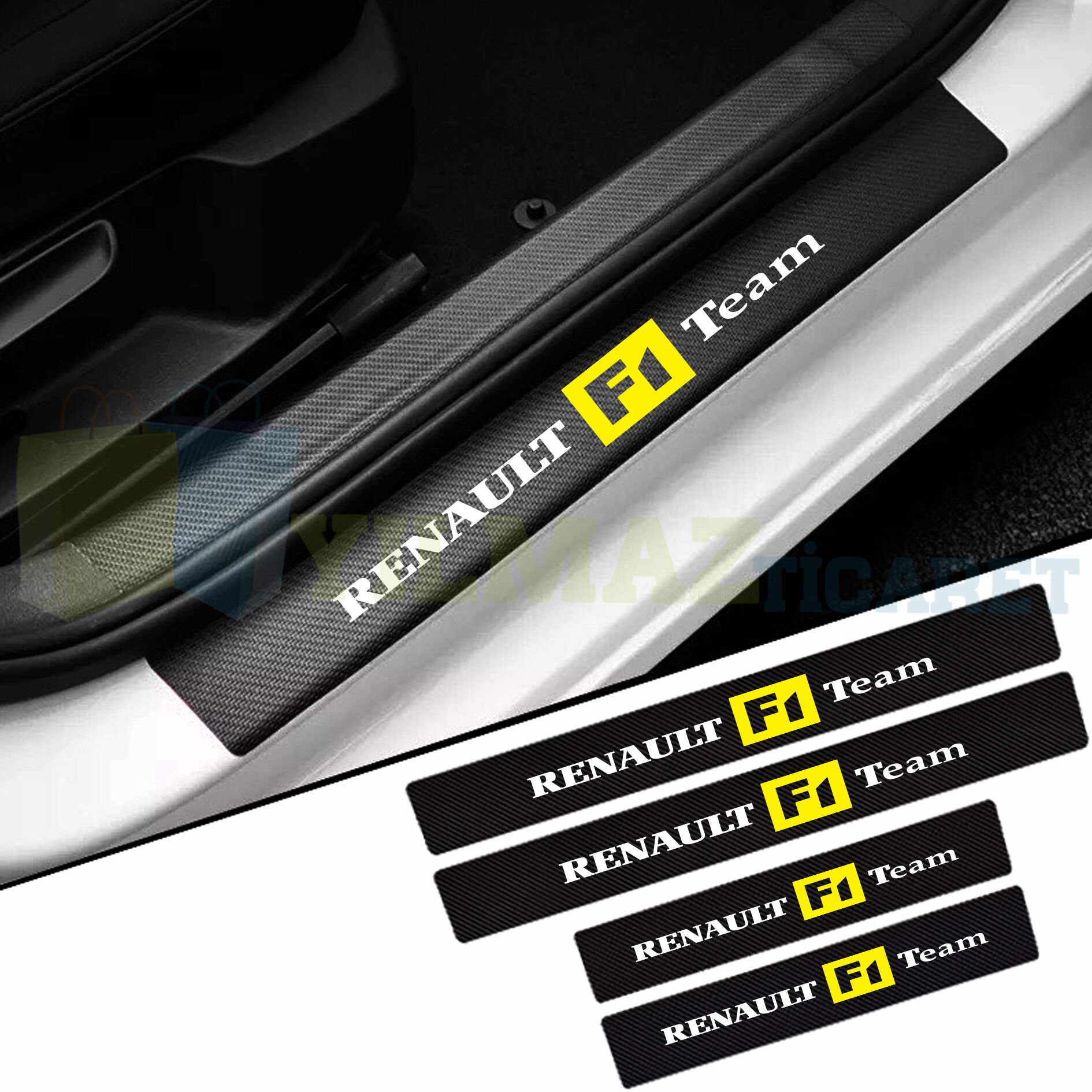Renault F1 Team Logo Arma Karbon Kapı Eşiği Koruma Araba Etiket Oto Sticker Yapıştırma 4 Parça