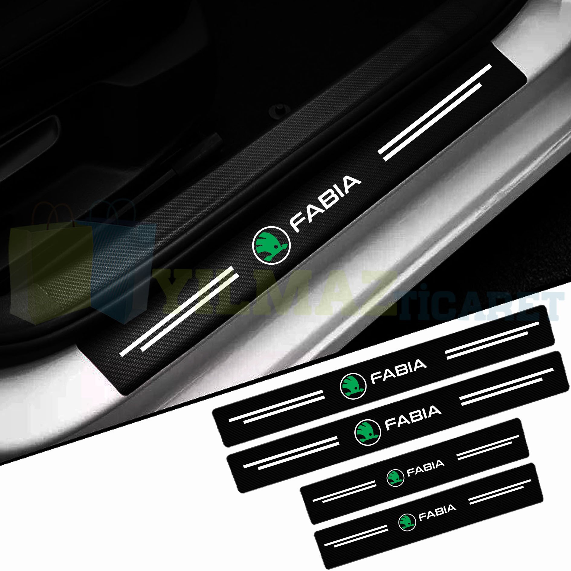 Skoda Fabia Logo Karbon Kapı Eşiği Koruma Araba Etiket Oto Sticker Yapıştırma 4 Parça