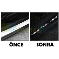 Skoda Rapid Logo Karbon Kapı Eşiği Koruma Araba Etiket Oto Sticker Yapıştırma 4 Parça