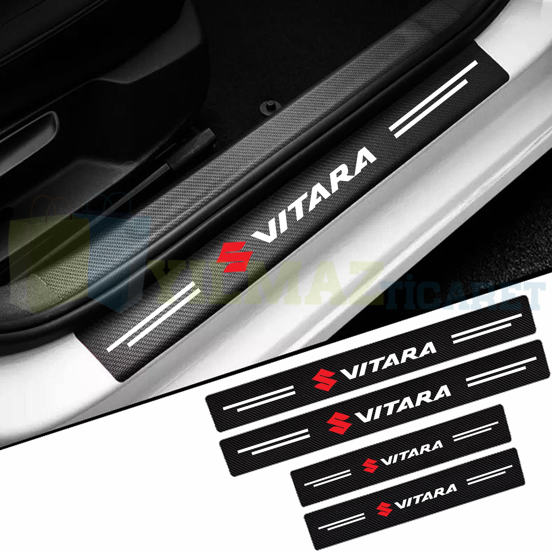 Suzuki Vitara Logo Karbon Kapı Eşiği Koruma Araba Etiket Oto Sticker Yapıştırma 4 Parça