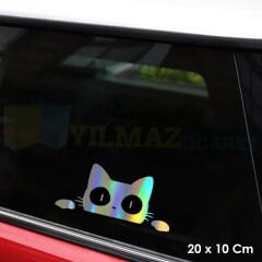 Saklanan Kedi Hologram Araba Oto Sticker Yapıştırma Çıkartma Modifiye Etiket 20 X 10 Cm