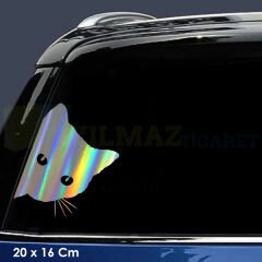 Kenardan Bakan Kedi Hologram Oto Sticker Etiket Çıkartma Aksesuar Yapıştırma Modifiye 20 X 16 Cm