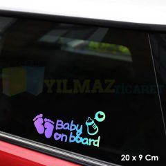 Bebek Ayak İzi Biberon Arabada Bebek Var Hologram Oto Sticker Etiket Çıkartma Yapıştırma 20 x 9 Cm