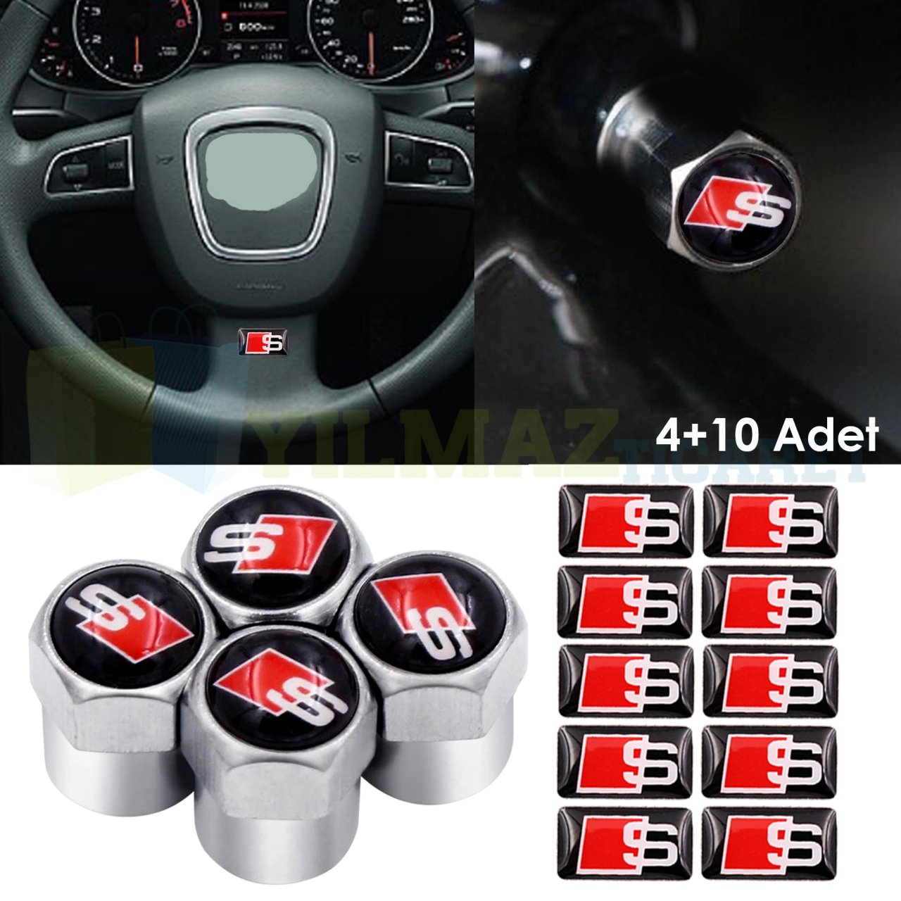 Audi S Line Logo Sibop Kapağı Direksiyon Jant Vites Damla Sticker 4+10 Adet
