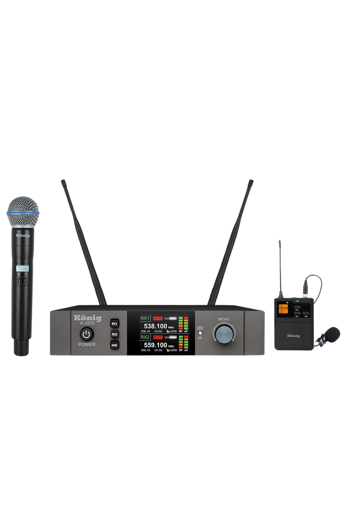 KÖNİG K-3200 YAKA-YAKA ÇİFT KANAL UHF BANT GENİŞLİĞİ 15MHZ FREKANS TEPKESİ 5HZ-18KHZ LCD EKRAN 2*99 DEĞİŞKEN FREKANS SİYAH TELSİZ ÇİFT YAKA MİKROFONU