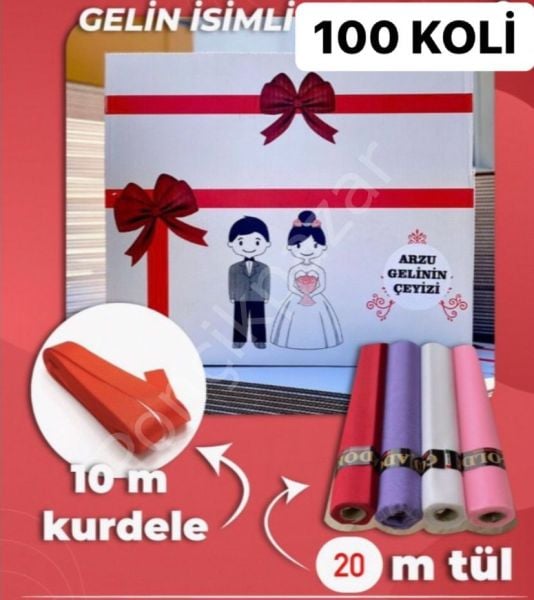 100  Adet Standart Ebat Kırmızı Çeyiz Kolisi - Gelin İsimli + 20 M Tül + 10 M Kurdela--  '' Kargo Bedava ''