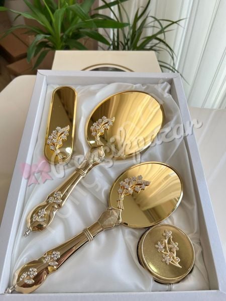 Ultra Parlak Ponçik Hürrem Ayna Seti - Gold Çiçek Model