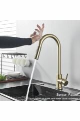 Smart Dokunmatik Fotoselli Mutfak Evye Bataryası Mat Gold Spiralli Fiskiyeli Mutfak Bataryası