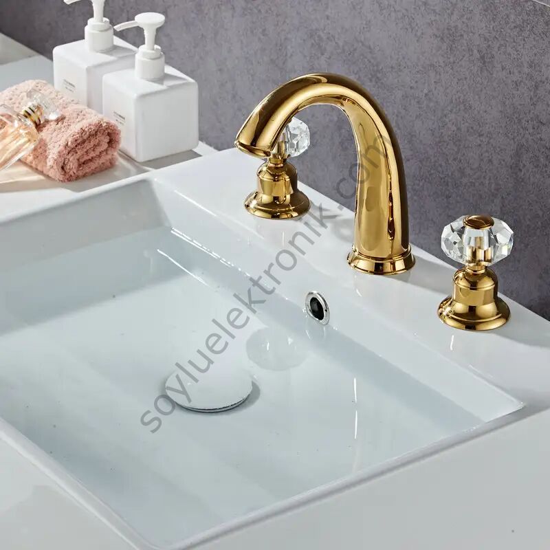 Anunnaki Altın Sıcak ve Soğuk 3 Parça Çift Saplı Banyo Lavabo Musluğu