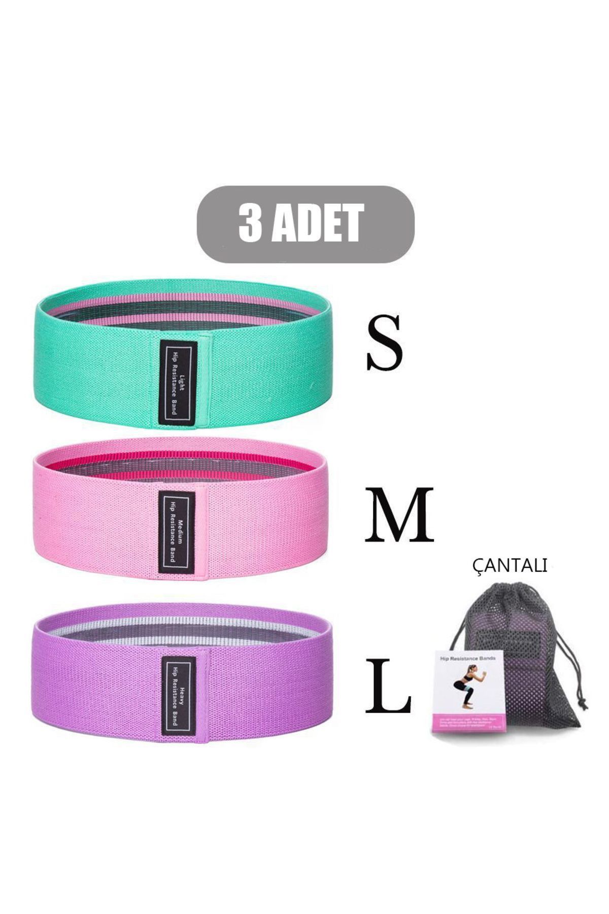 Çantalı Direnç Bandı Halka Bandı 3'lü Set Mavi Pembe Mor