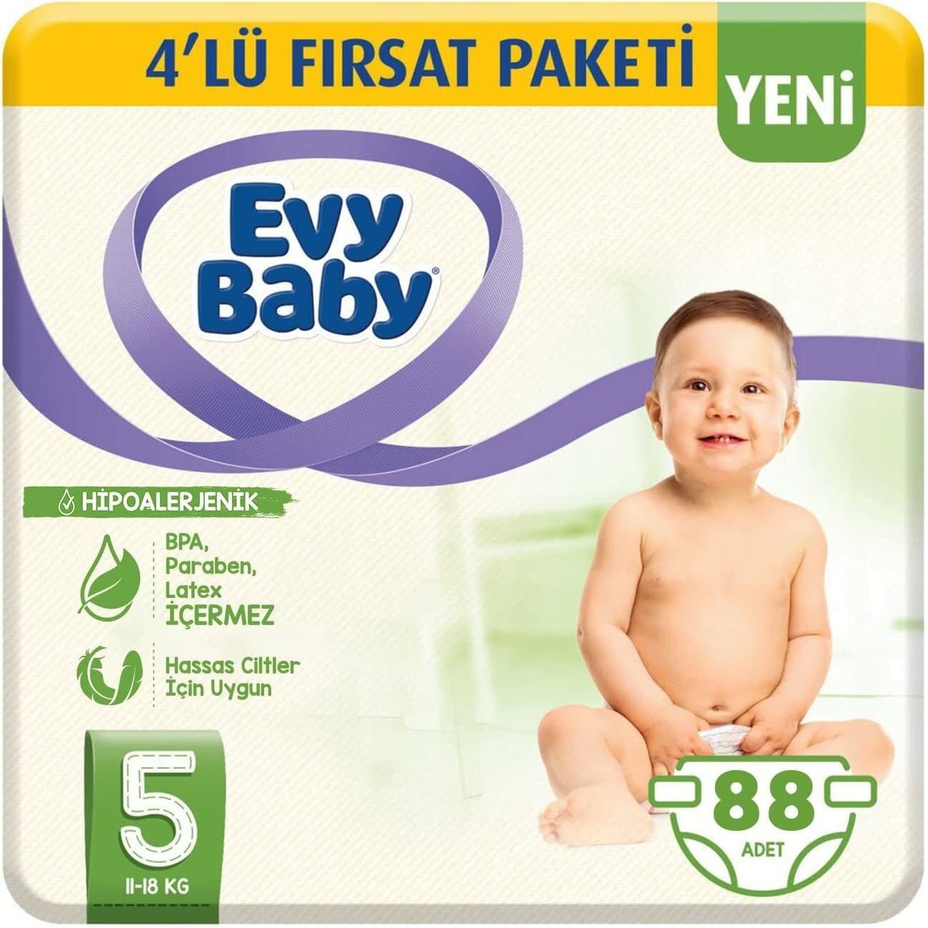 Evy Baby 5 Junior 88 Adet Hipoalerjenik Bebek Bezi 11-18 KG İçin Uygundur