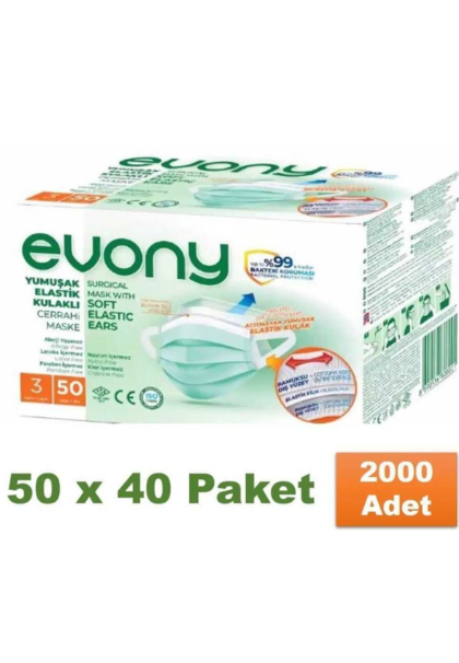 EVONY Yumuşak Elastik Kulaklı Cerrahi Maske 2.000 Adet (50 X 40 Paket)