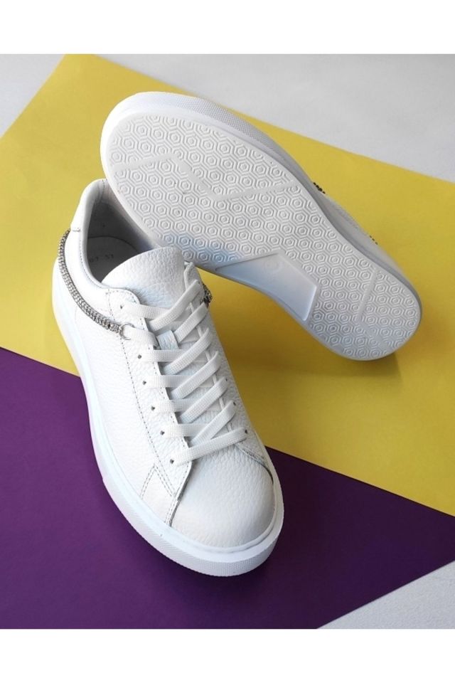Beyaz - Kadın Hakiki Deri Taşlı Sneaker