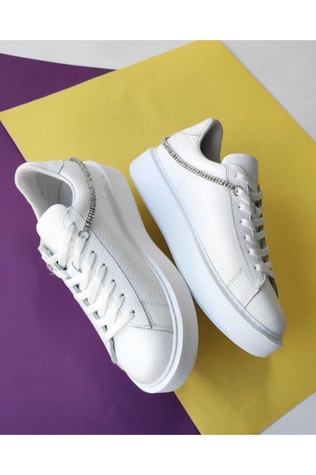 Beyaz - Kadın Hakiki Deri Taşlı Sneaker