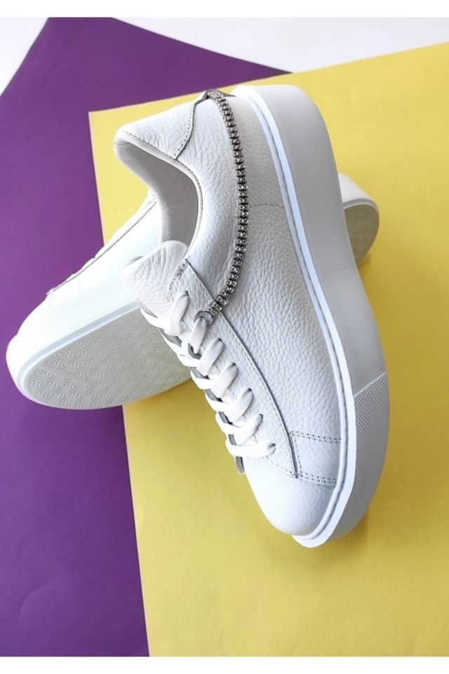 Beyaz - Kadın Hakiki Deri Taşlı Sneaker