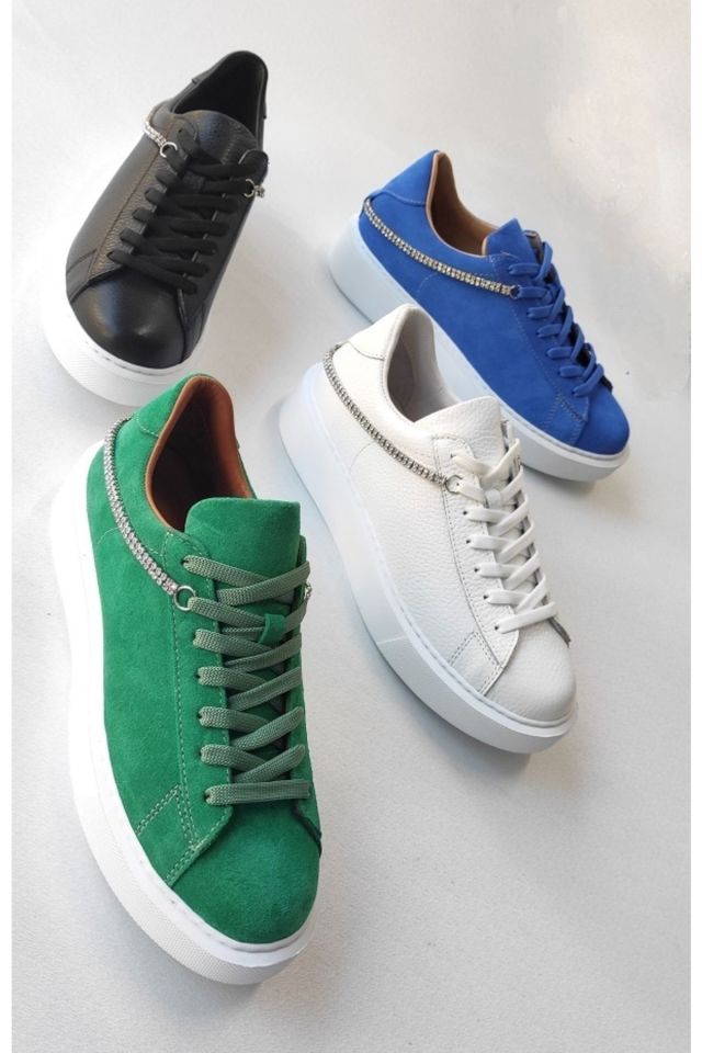 Beyaz - Kadın Hakiki Deri Taşlı Sneaker