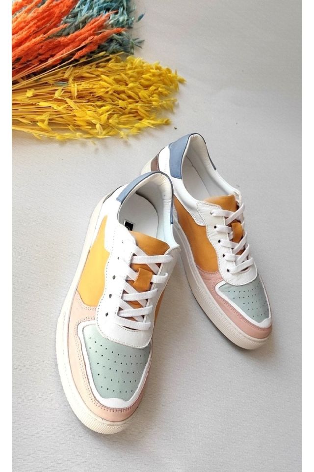 Çok Renkli - Kadın Renkli Hakiki Deri Sneaker