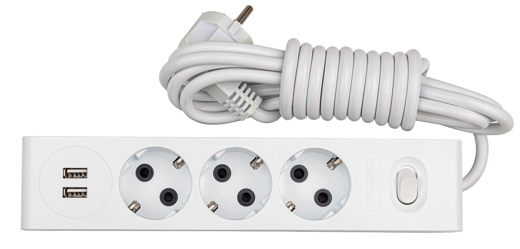2 USB çıkışlı, Üçlü Çocuk Korumalı Topraklı Anahtarlı Grup Priz 3mt