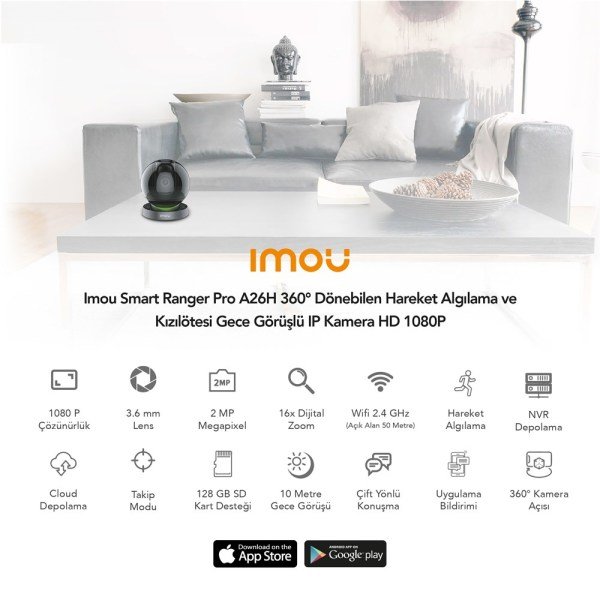 Imou Smart Ranger Pro A26H 360° Dönebilen Hareket Algılama ve Kızılötesi Gece Görüşlü IP Kamera HD