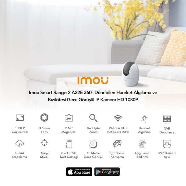 Imou Smart Ranger2 A22E 360° Dönebilen Hareket Algılama ve Kızılötesi Gece Görüşlü IP Kamera HD 1080