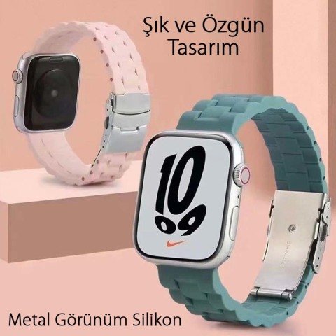 Apple Watch 45/44/42mm 3B Baklalı Silikon Metal Klipsli Kordon