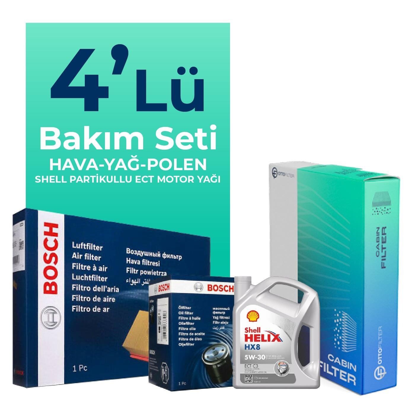 Bosch Jaguar XF 3.0 Benzinli Filtre Bakım Seti Shell Motor Yağlı (2007-2015) 4 Lü