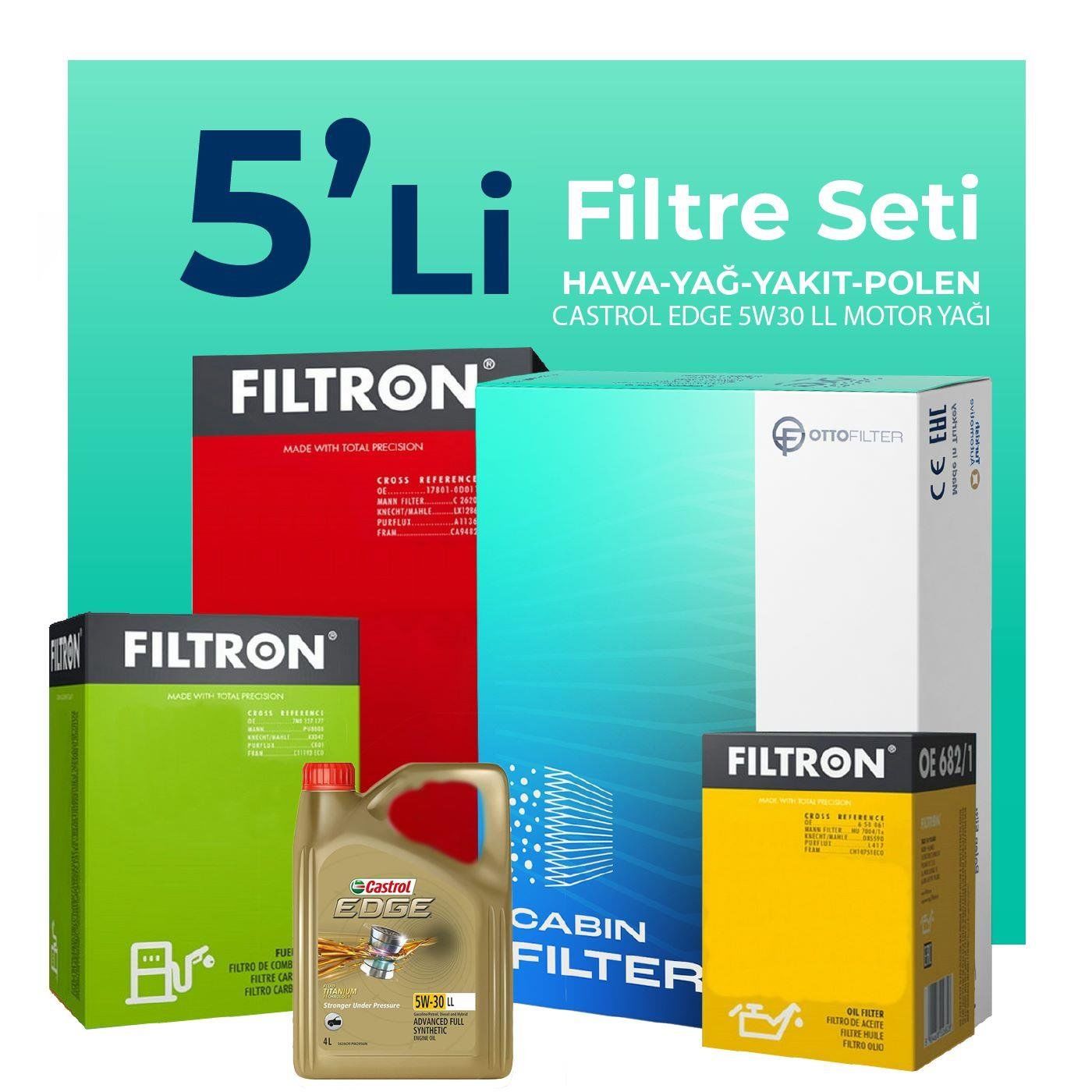 Filtron Fiat Idea 1.3 Dizel Filtre Bakım Seti Castrol Motor Yağlı (2004-2010) 5 Li