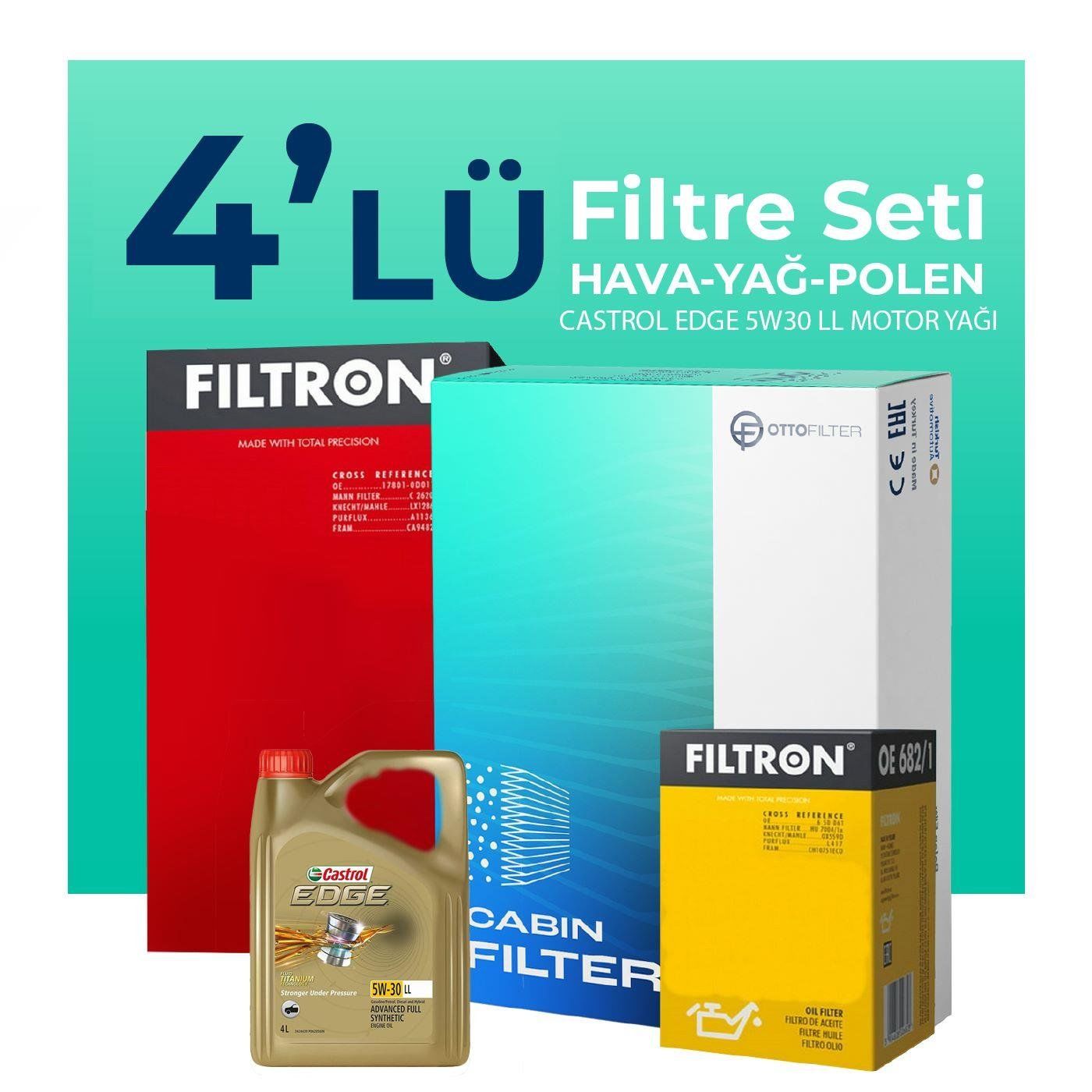 Filtron Audi A4 1.9 TDI Castrol Motor Yağlı Bakım Seti (2004-2009) 4LU