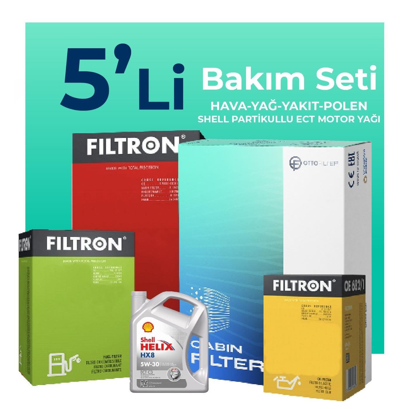 Filtron Fiat 500L 1.3 Dizel Filtre Bakım Seti Shell Motor Yağlı (2009-2018) 5 Li