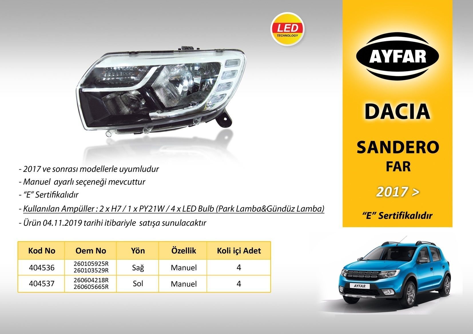 FAR SAĞ 404536 LOGAN MCV SANDERO 17-> MANUEL LEDLİ