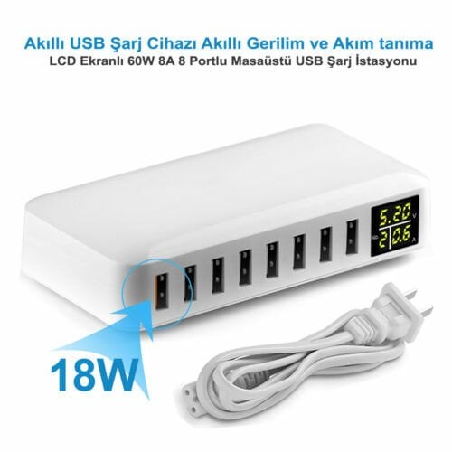 Dijital Ekranlı 8 Bağlantı Noktalı Usb Hub Şarj Cihazı