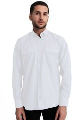 Varetta Erkek Beyaz Kapaklı Çift Cepli Düz Renk Uzun Kollu Pamuklu Gömlek