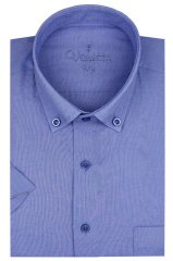 Erkek Koyu Mavi Kısa Kollu Klasik Kesim Yaka Düğmeli Pamuk Saten Gömlek