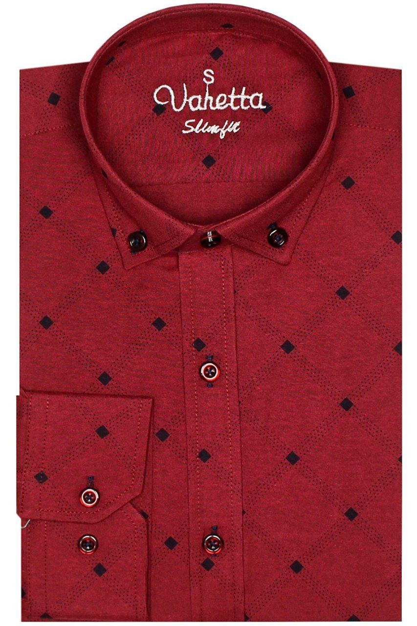 Erkek Slim Fit Bordo Desenli Koldan Katlamalı Erkek Gömlek