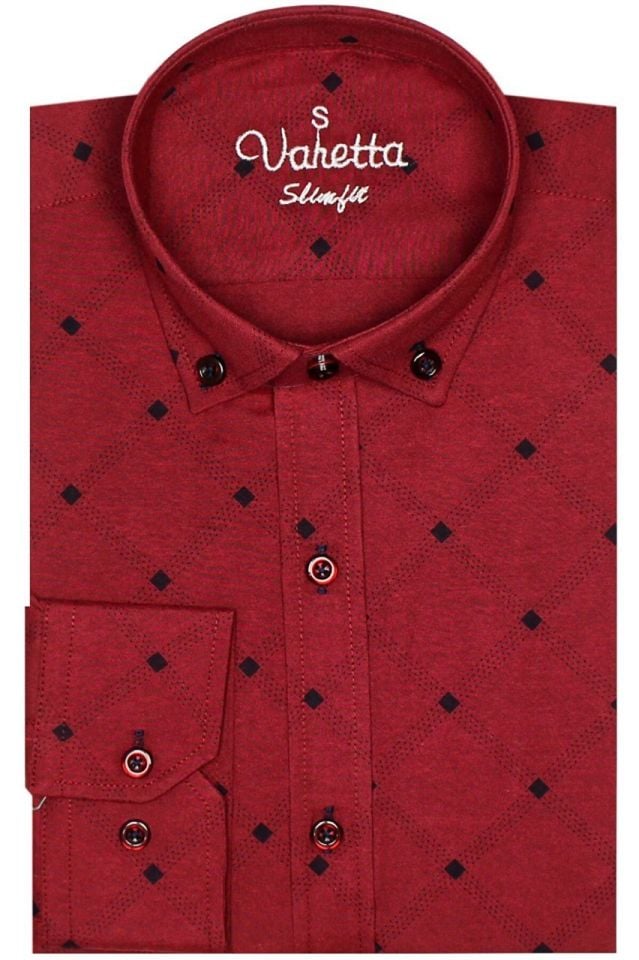 Erkek Slim Fit Bordo Desenli Koldan Katlamalı Erkek Gömlek