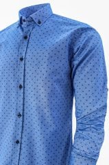 Erkek Slim Fit Mavi Desenli Koldan Katlamalı Erkek Gömlek