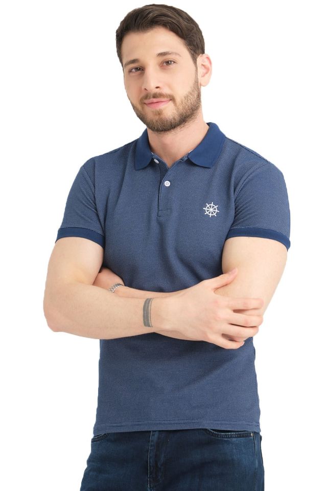 Varetta Erkek Lacivert Polo Yaka Pamuklu Waffle T-shirt