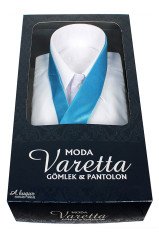 Erkek Beyaz Klasik Kesim Uzun Kollu Tek Cepli Gömlek Mavi Kravat Kombin Set