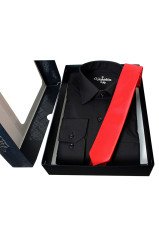 Erkek Siyah Klasik Kesim Uzun Kollu Tek Cepli Gömlek Kırmızı Kravat Kombin Set
