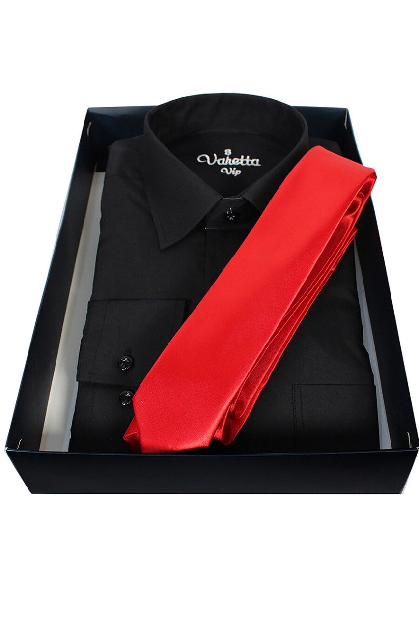 Erkek Siyah Klasik Kesim Uzun Kollu Tek Cepli Gömlek Kırmızı Kravat Kombin Set