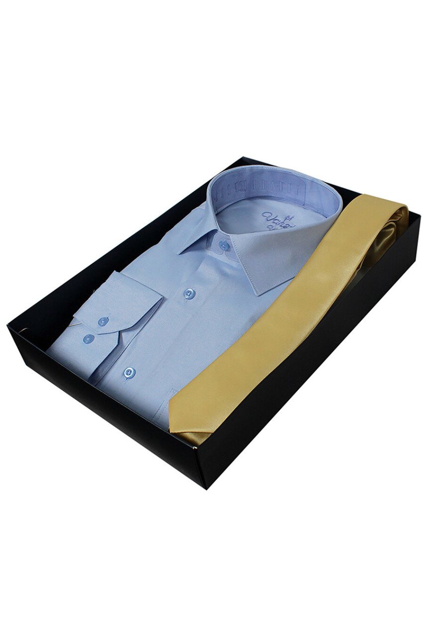 Erkek Mavi Klasik Kesim Uzun Kollu Tek Cepli Gömlek Gold Kravat Kombin Set