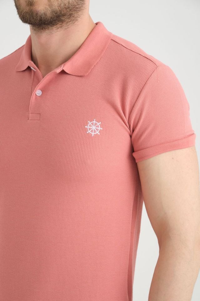 Varetta Erkek Yavruağzı Rengi  Polo Yaka Pamuklu Waffle T-shirt