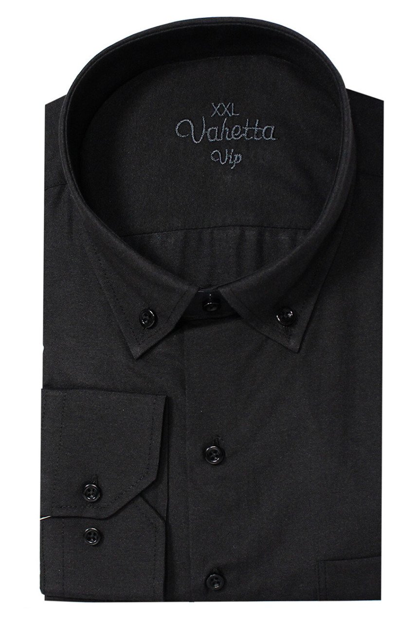 Varetta Erkek Siyah Büyük Beden Yaka Düğmeli Uzun Kollu Düz Gömlek