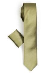 Erkek Yağ Yeşili Dar Kesim Saten Düz Mendilli Kravat
