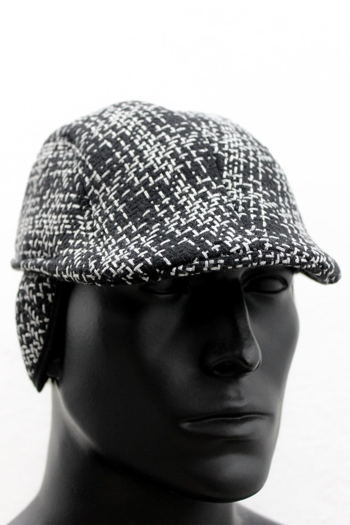 Varetta Erkek Kasket Kışlık Siyah Kareli Ekose Katlanabilir Kulaklı Şapka