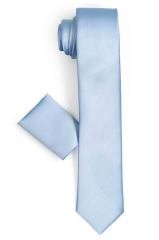Erkek Açık Mavi Dar Kesim Saten Düz Mendilli Kravat